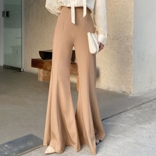 Womens Flared Pants High Waist Wide Leg Trousers Bottoms Pockets Office