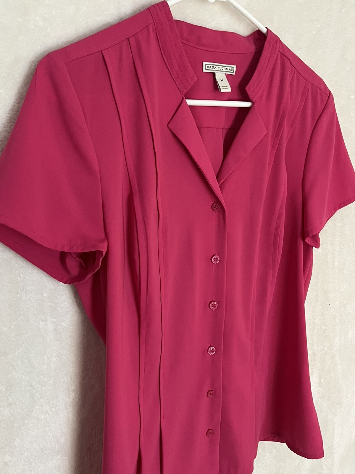 Dana Buchman Womens Button Down Shirt Pink Short Sleeve Collar Pleated
