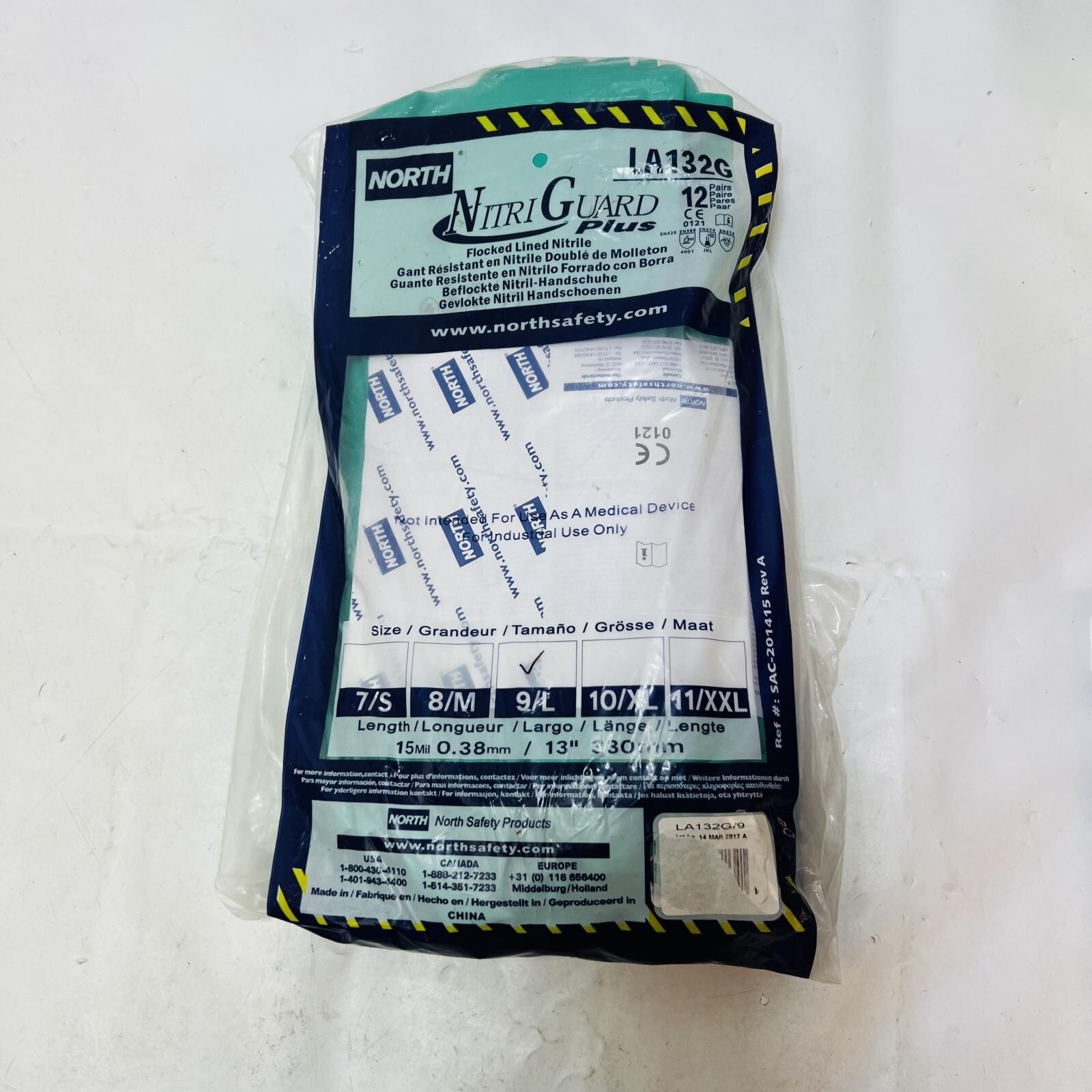 Pack of 12 Pairs North Safety Nitri Guard Plus Gloves Size 9/L LA132G Green