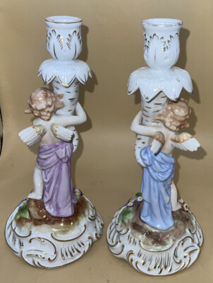 VINTAGE VON SCHIERHOLZ HANDMALEREI GERMANY PORCELAIN CHERUBS PAIR