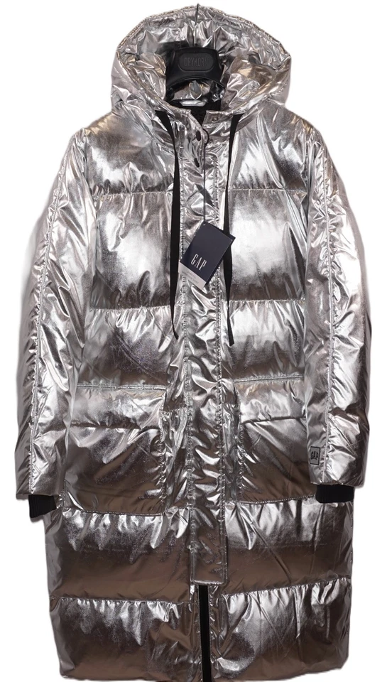 Gap Women's Exclusive Down & Feathers Fill Puffer Hoodie Silver Long Coat Size M - Image 4 of 4