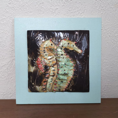 Unikat polnische Keramik Keramik Plakette Seepferdchen Maritim Kunst Kunstwerk Geschenk Keramik