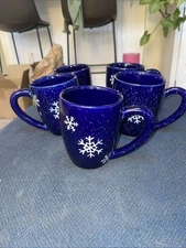 Four Star Stoneware Mugs With Snowflakes Blue Lot of 5 