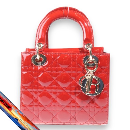 Christian Dior Lady Dior Small Red Patent 2Way Handbag Shoulder Bag