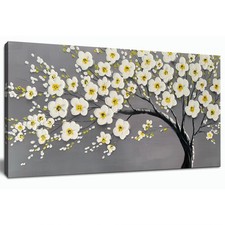 Tarfupth Large Flower Wall Art for Living Room Hand-Painted White Blossom Tre...