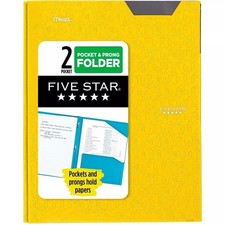 Mead Plastic Five Star Stay-Put 2-Pocket  3-Prong Folder, Yellow 34609 