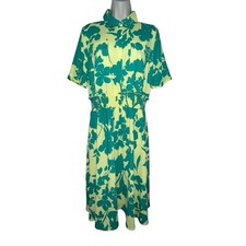 Halogen x Atlantic Pacific Short Sleeve Smocked Shirt Dress Green Floral Size M