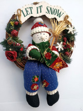 Let it Snow Fall Winter Christmas Holiday Wreath with Snowman Holding Broom Rake