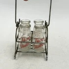 VTG GLASS MINIATURE "PURE MILK" CREAMERS/BOTTLES IN WIRE RACK/UNIQUE CARRIER SET