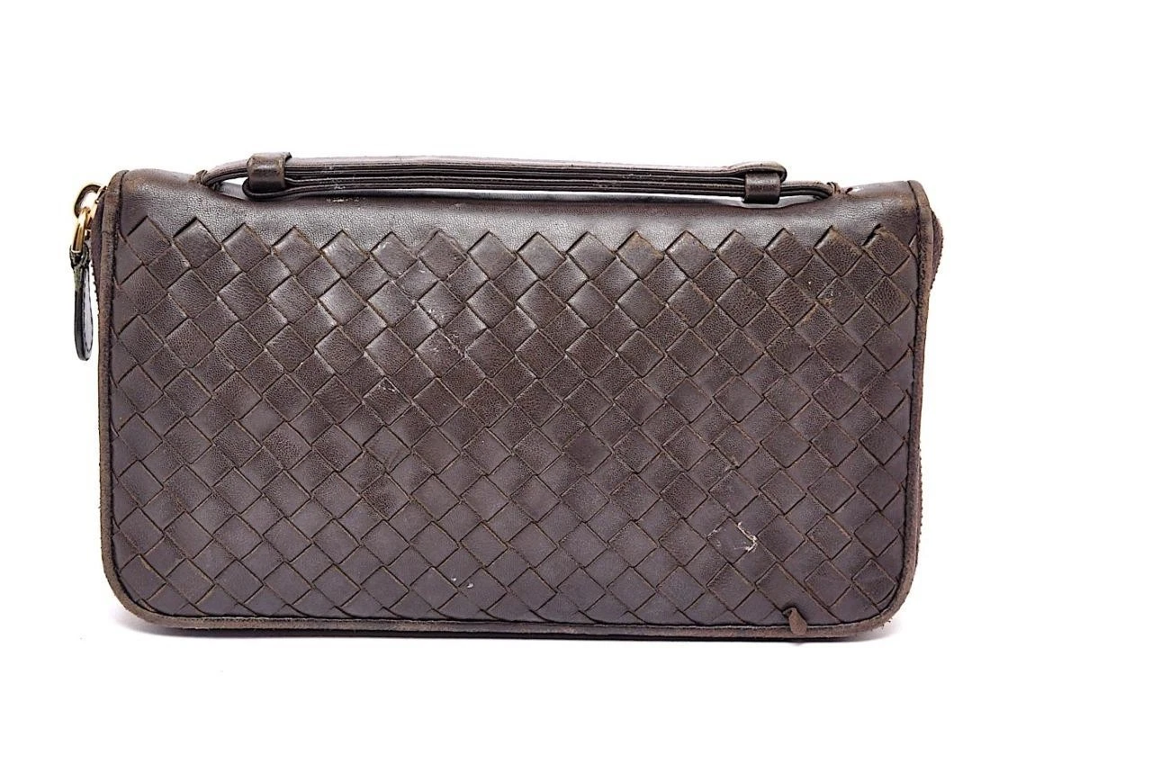 Bottega Veneta Pochette Tessuto Marrone Portafoglio Zip Intorno Viaggio 9" x 5"