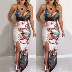 Women-Sexy-Peacock-Print-Maxi-Dress-Evening-Sundress-High-Slit-Bodycon-Cocktail