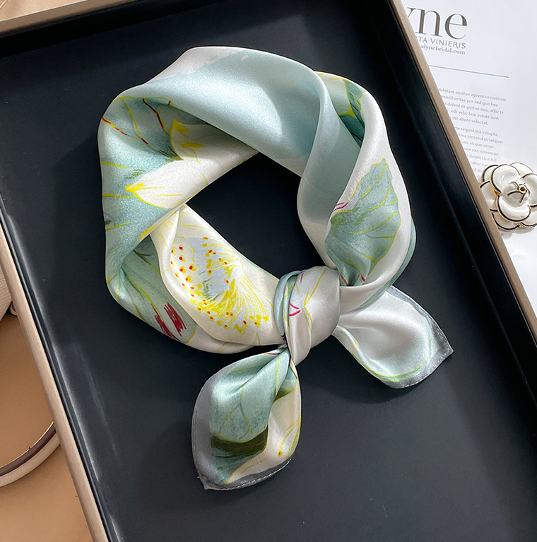 100% Mulberry Silk 20-Inch Square Scarf Lotus Pond Print Womens Fashion Wrap