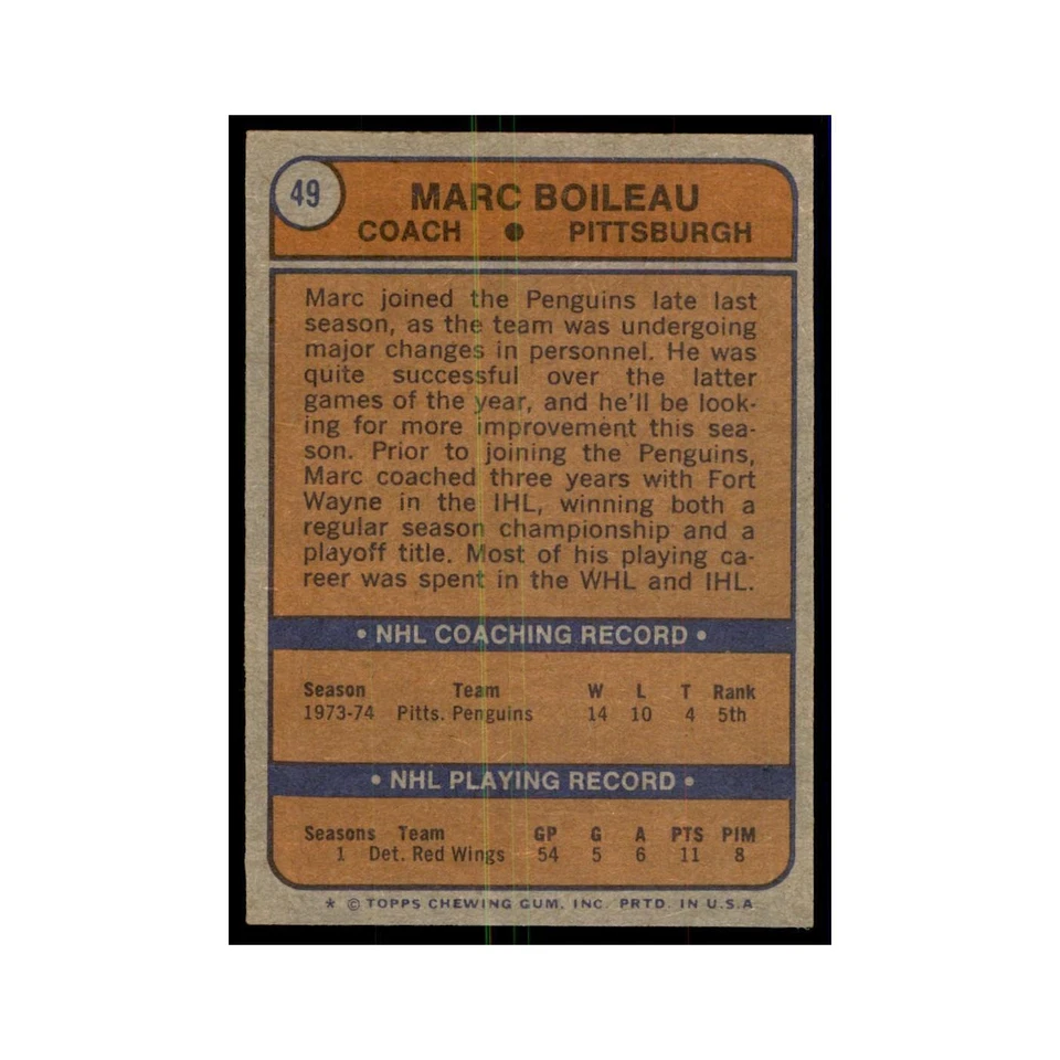 Marc Boileau 1974 Topps #49 Hockey Cards Hockey Card EX - Image 2 of 3