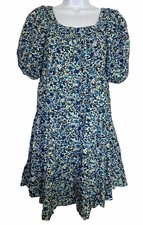 Womens Wild Fable Blue Floral Short Puff Sleeve Boho Hippie Babydoll Dress  XS