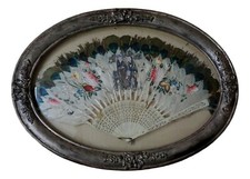 Antique Chinese Export Hand Fan Carved Figural on Peacock Feathers