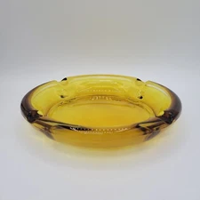 Amber Glass MCM Vintage Cigar Ashtray 1960s Plant Base Trinket Dish Round Large