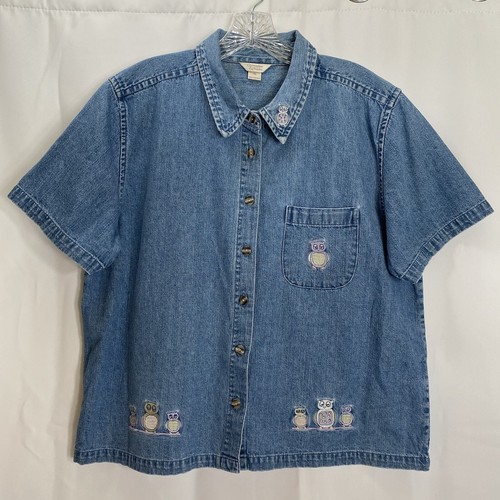 Christopher & Banks Womens XL Denim Shirt Short Sleeve Embroidered Owls Blue VTG - Picture 1 of 12