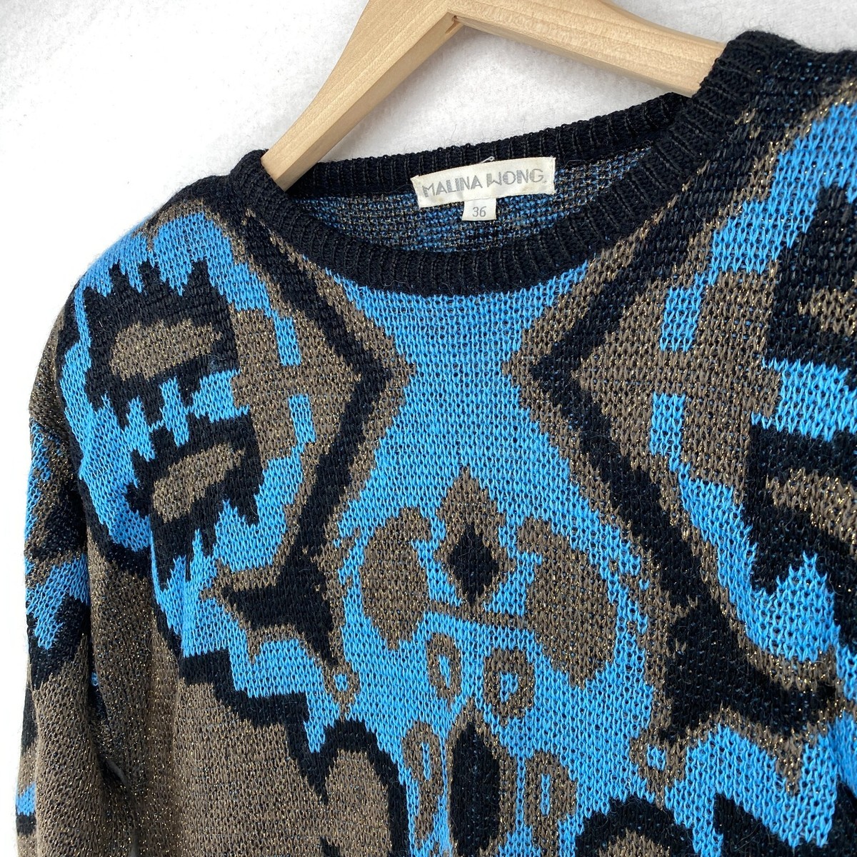 MALINA WONG Sweater 36 Wool Blend Metallic Jacquard Jumper Bronze