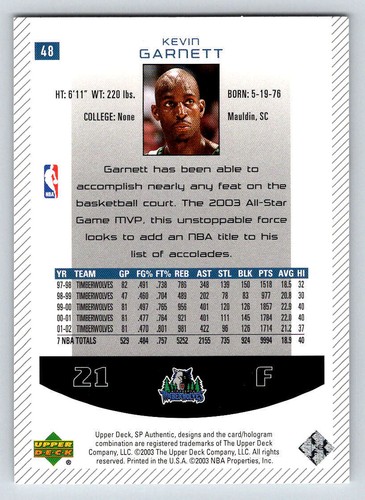 2002-03 SP Authentic #48 Kevin Garnett (ref 193220) - Picture 2 of 2