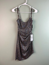 CITY STUDIO Womens Silver Spaghetti Strap V Neck Mini Party Body Con Dress M NEW