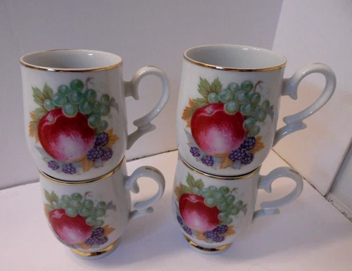 Royalton China Co. Translucent Porcelain Coffee Mugs Set of 4 Apple & Grape