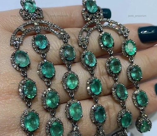 Pendientes de compromiso colgantes/gotas de plata de ley 925 esmeralda ovalada natural - Imagen 1 de 10