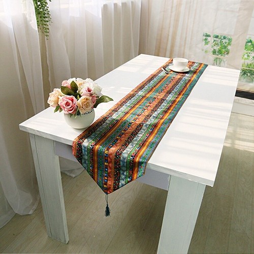 Ethnic Table Runner Boho Tasseled Edges Tablecloth Cotton Linen Table Cover - Picture 5 of 16