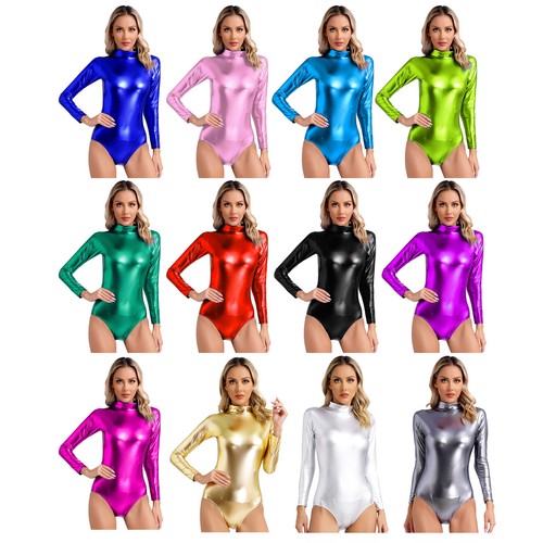 Body donna metallizzato lucido finto collo maniche lunghe body danza - Foto 8 di 126