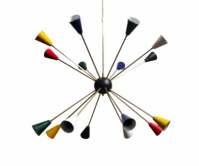 Mid Century Brass Sputnik chandelier light Fixture with colorful 16 arm