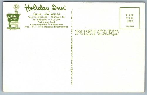 Postcard Gallup NM c1966 Holiday Inn Route 66 Old Cars Pool Birds Eye Unused - Picture 2 of 2