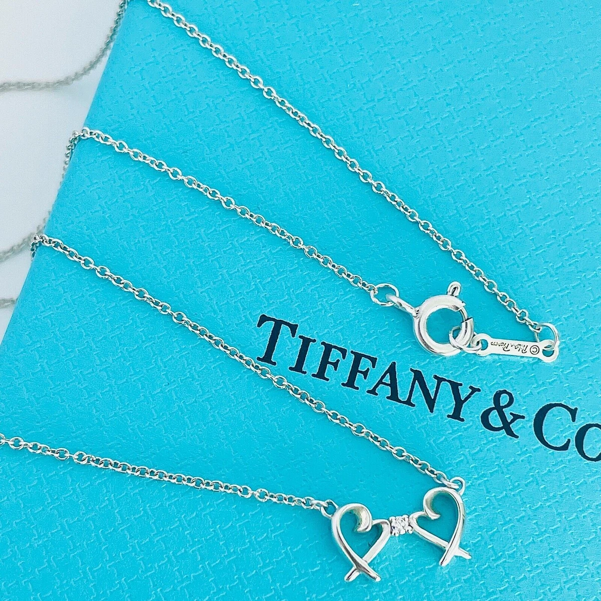 Tiffany Co. Single Diamond Double Loving Heart Pendant Necklace Silver 925