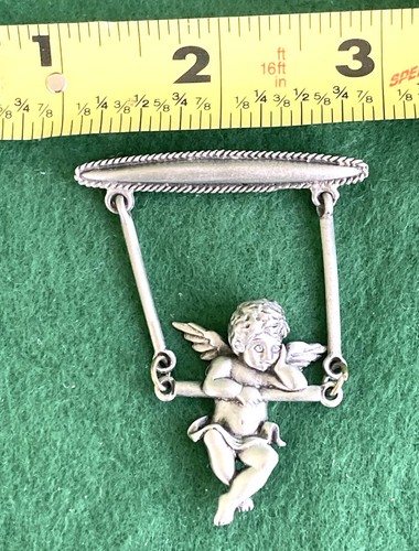 JJ Cherub Angel Jonette Swinging Vintage Swing SIGNED brooch Pin Silver Tone - Picture 8 of 8