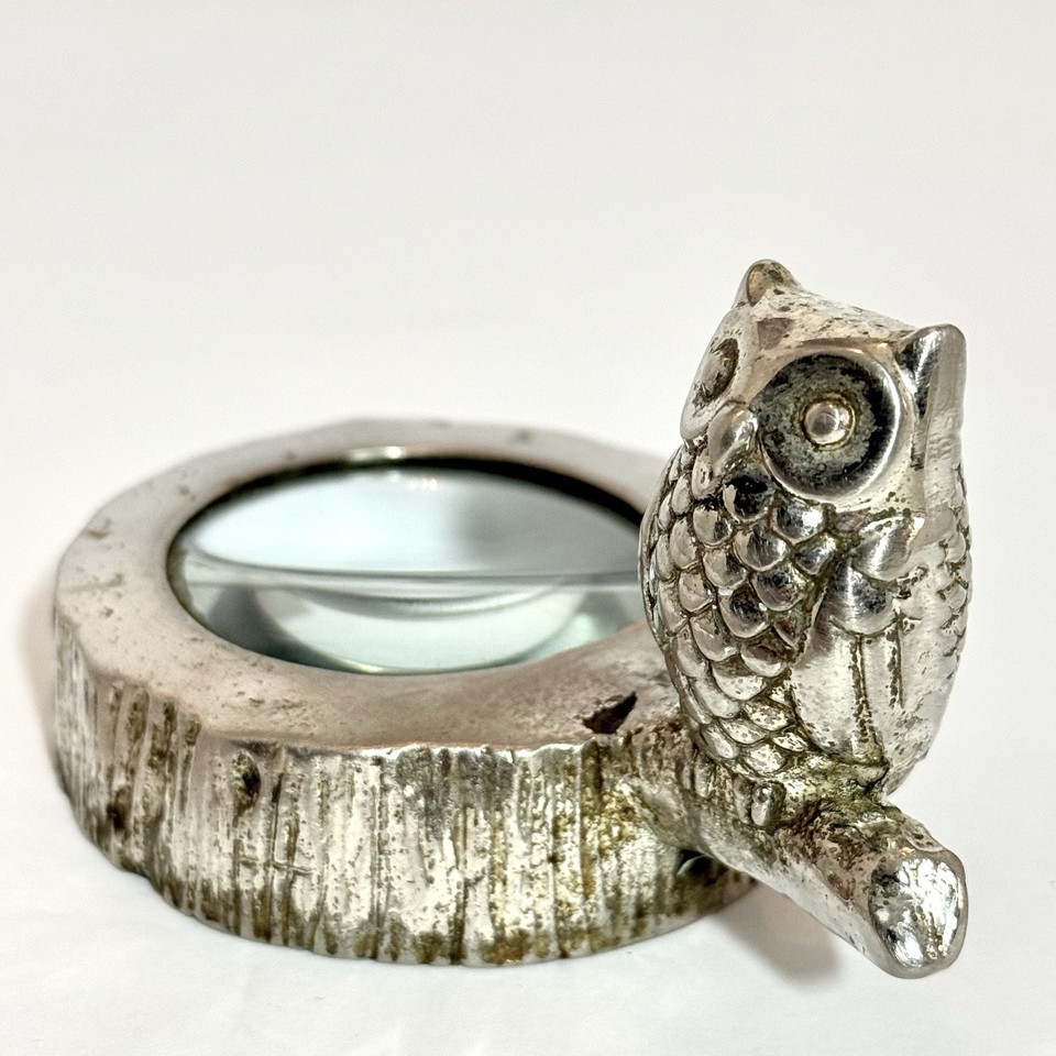 A silver-tone owl figurine that doubles as a magnifying glass paperweight — MCM whimsy meets actual desk utility.