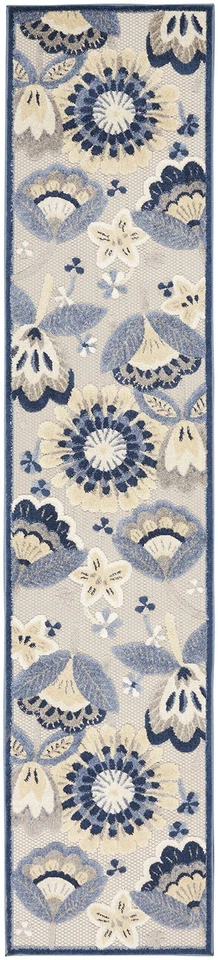 Blue Grey Indoor Outdoor Runner Rug Durable Polypropylene Floral Design 2X10 - Image 2 of 4