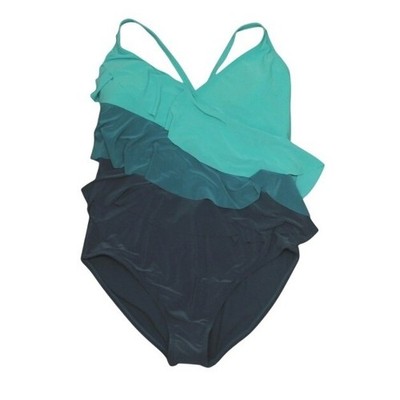 Beyond Control Womens Ruffle Tiered One Piece Swimsuit Teal Blue Size 10 New