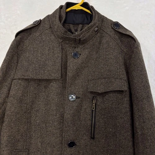 Wantdo Wool Blend Pea Coat Jacket Trench Coat Men L Herringbone Tweed Brown NEW image 5