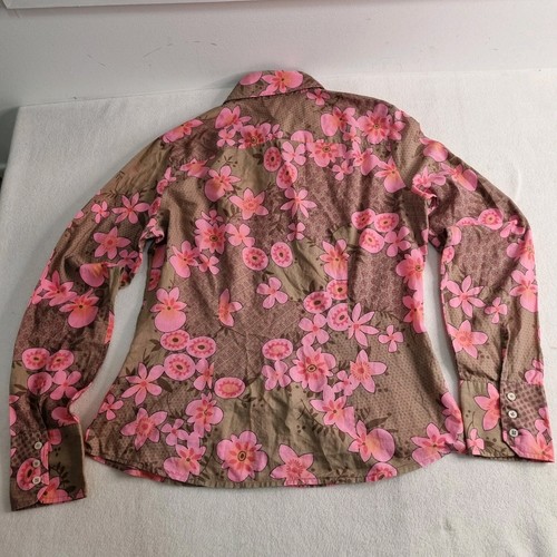 Sisley Size L Womens Button-up Shirt Blouse Brown Pink Bold Floral Pure Cotton - Picture 6 of 7