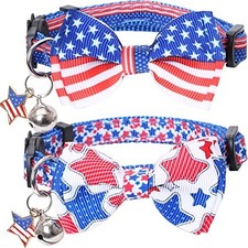 American Flag Cat Collar with Bell Bow Tie Star Breakaway Adjustable for 2PCS-1