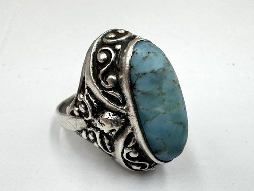 Antique Filigree 950 Sterling Silver Oval AZ Turquoise Stone Sz 7.75 - Picture 8 of 8