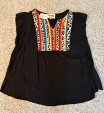 Savanna Jane Top Womens 2X Leopard Stripe Embroidered Black Flutter Sleeves Fun!