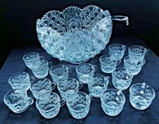 Comple 20 pc Vintage LE Smith Glass Daisy & Button Punch Bowl Set 18 cups Ladle+
