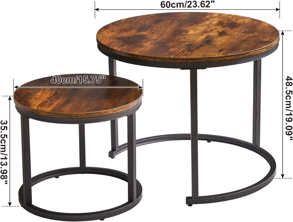 Round Nesting Coffee Tables Set of 2 | Rustic Wood & Metal Side Table for Living - Image 2 of 4