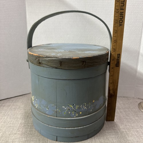 Vintage Blue Wood Firkin Sugar Bucket 10.5” Sewing Addition Conversion - Picture 6 of 8