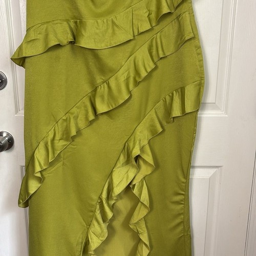 NEW PRETTY LITTLE THING PLUS OLIVE SATIN FRILL LAYERED MAXI DRESS SIZE 20 Midaxi - Picture 8 of 13