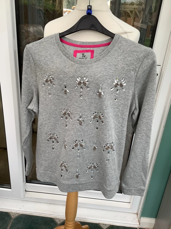 Tu uk 14 grey sweatshirt sequin bead design vgc side zips - Image 2 of 4