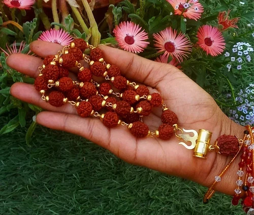 Hindu Brass Shakti Kavach Lord Shiva Trishul Damru Locket & Rudraksha Mala Gift