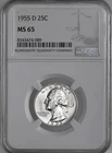 1955-D 25C WASHINGTON SILVER QUARTER NGC MS65 #8343474-089 TONING STREAK OBVERSE