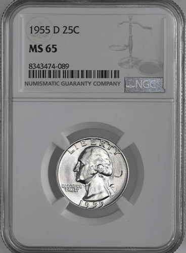 1955-D 25C WASHINGTON SILVER QUARTER NGC MS65 #8343474-089 TONING STREAK OBVERSE