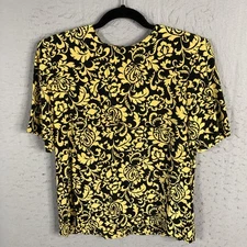 Carlisle Shirt Womens 10 Black Yellow Floral Paisley Short Sleeve Blouse Top