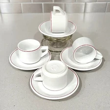 4 ACF Made in Italy Espresso Cappuccino Cups & Saucers White w/Red Stripe